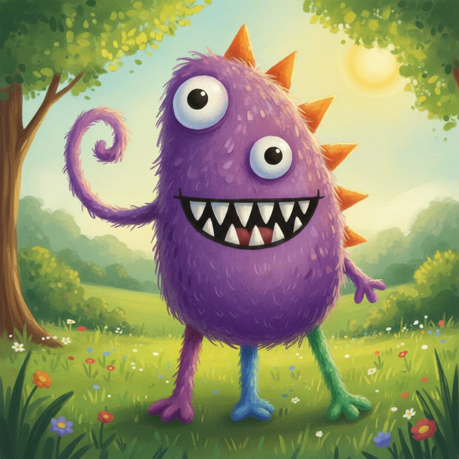 The same monster rendered as a painted picture-book character standing in a meadow